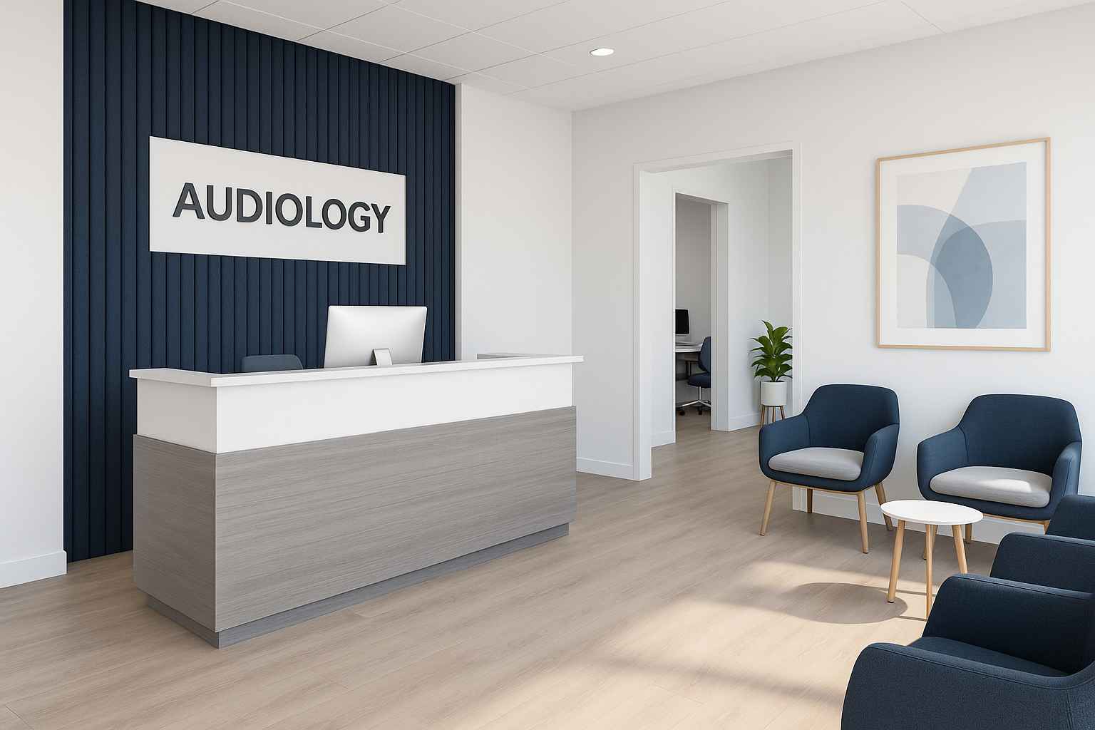 Modern audiology clinic reception area with acoustic wall panels and ergonomic seating