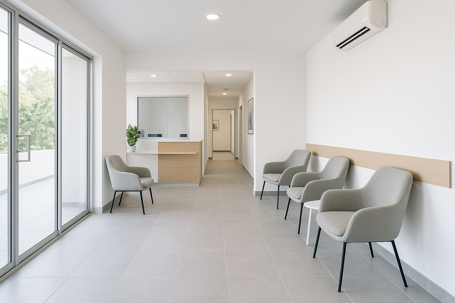 Modern renovated medical clinic waiting area with natural light and ergonomic seating