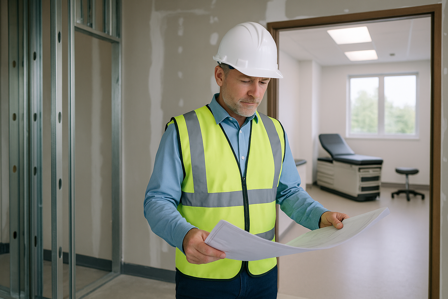 Ontario building inspector evaluating medical office renovation permit plans on-site