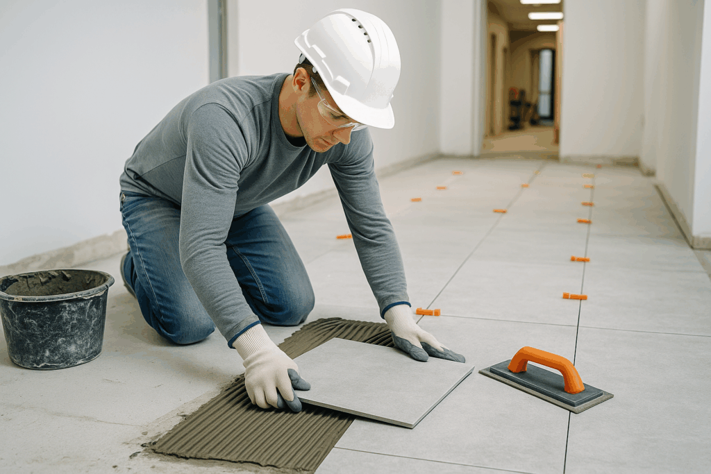 Construction worker installing ceramic tiles in a medical clinic hallway during renovation, highlighting durable, hygienic flooring for healthcare environments.