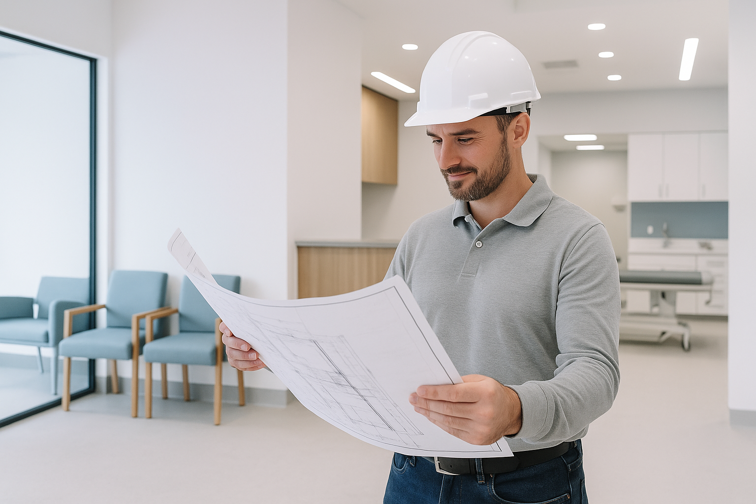 Contractor holding blueprints inside a renovated Ontario healthcare office