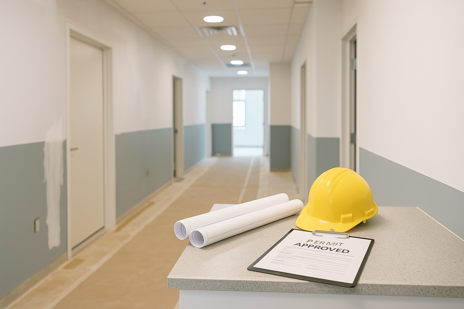 Medical office under renovation with blueprints and approved permit documents on display