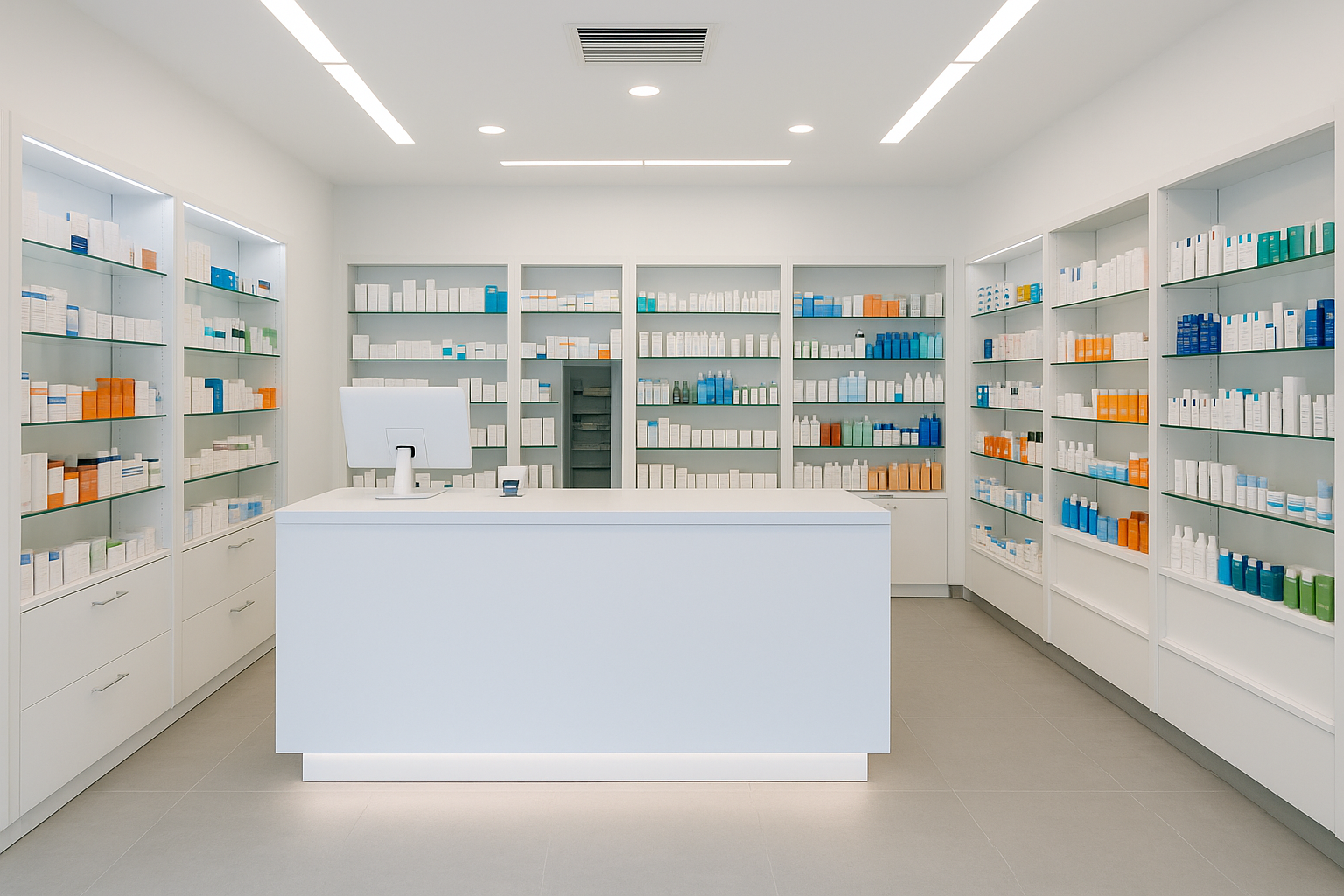 Renovated pharmacy with contemporary design, well-lit shelving, and clean counters