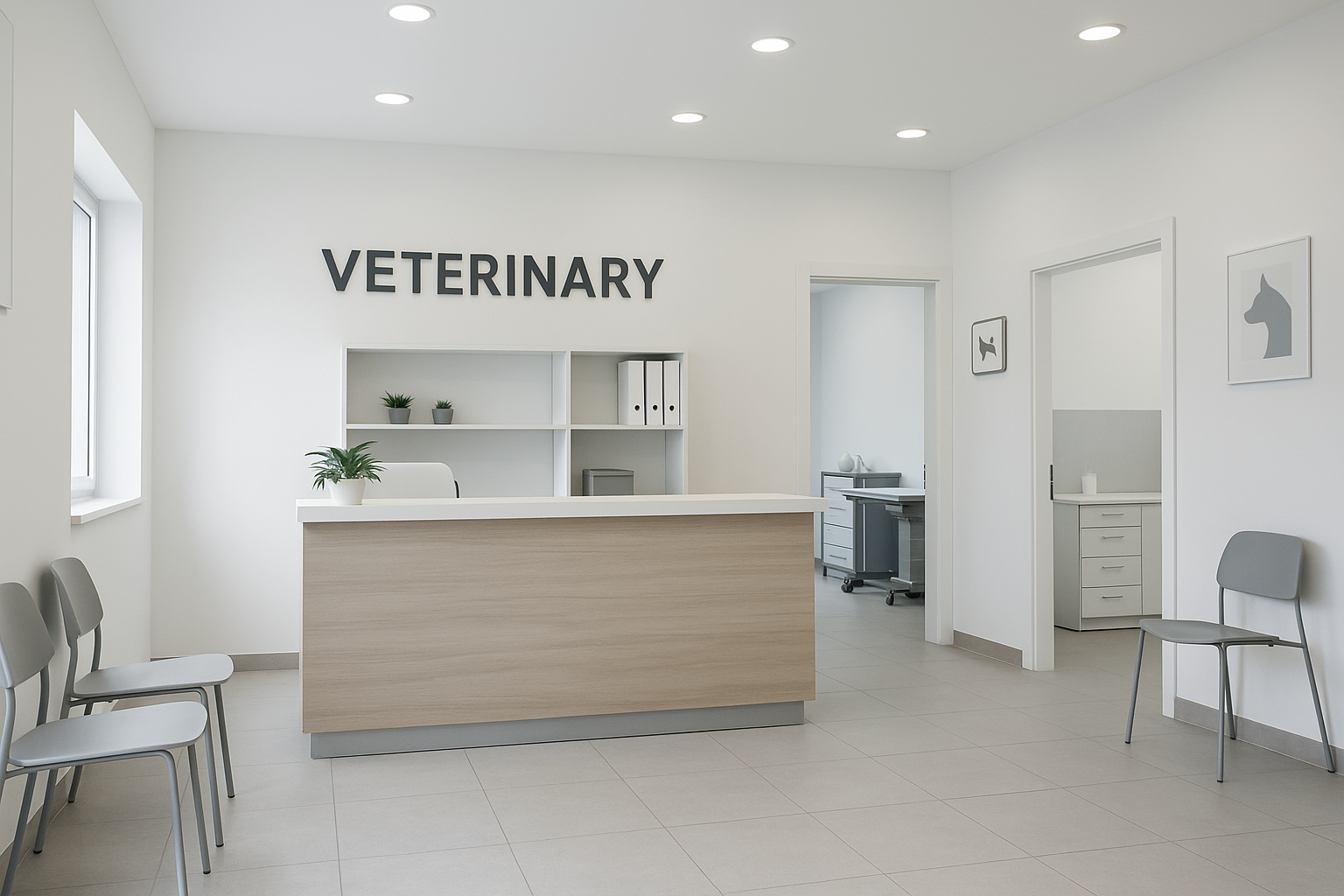 Image of a fully renovated animal clinic with bright lighting, neutral tones, and a clean, modern reception.