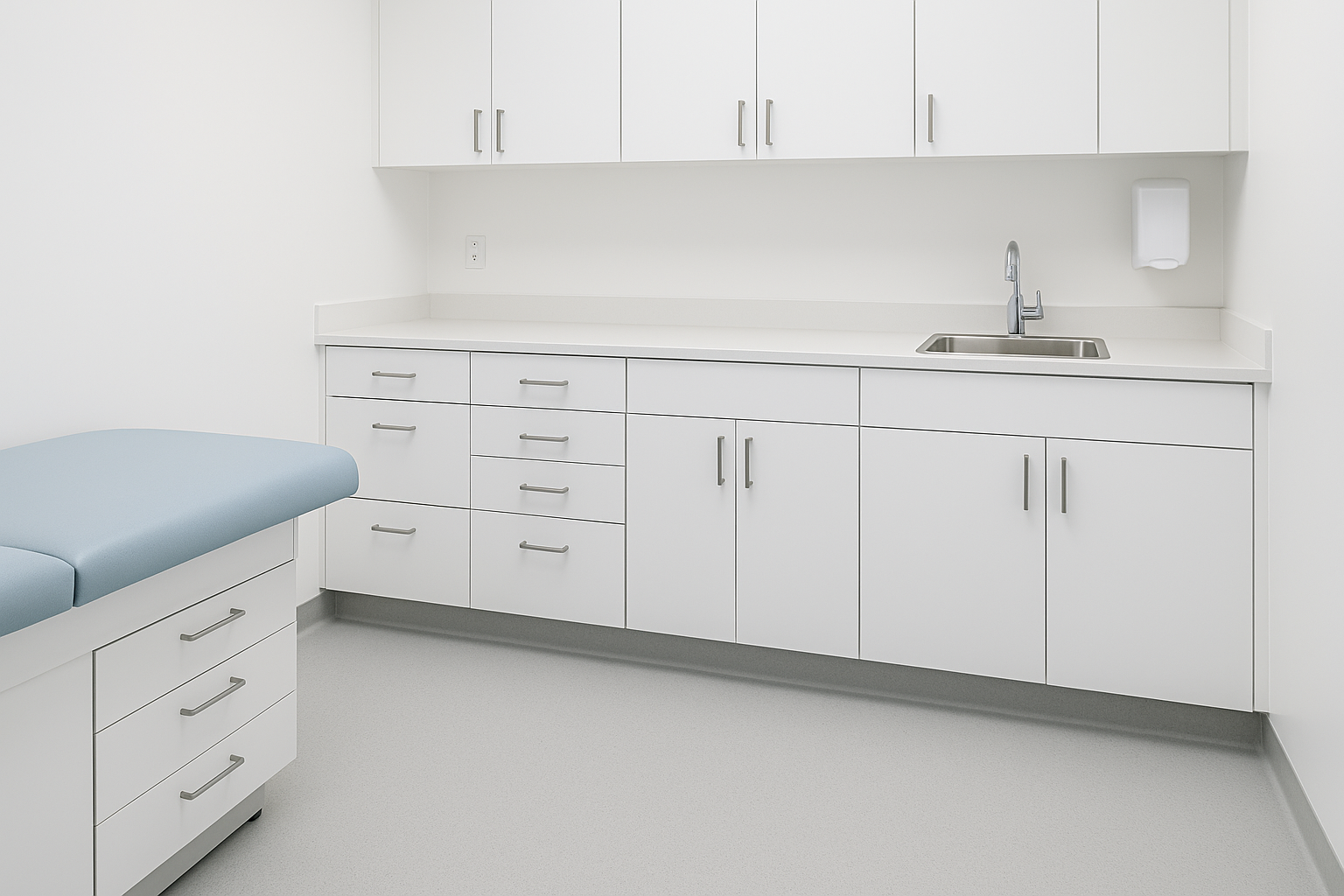 Non-porous medical cabinetry and seamless flooring in a sterile clinical environment