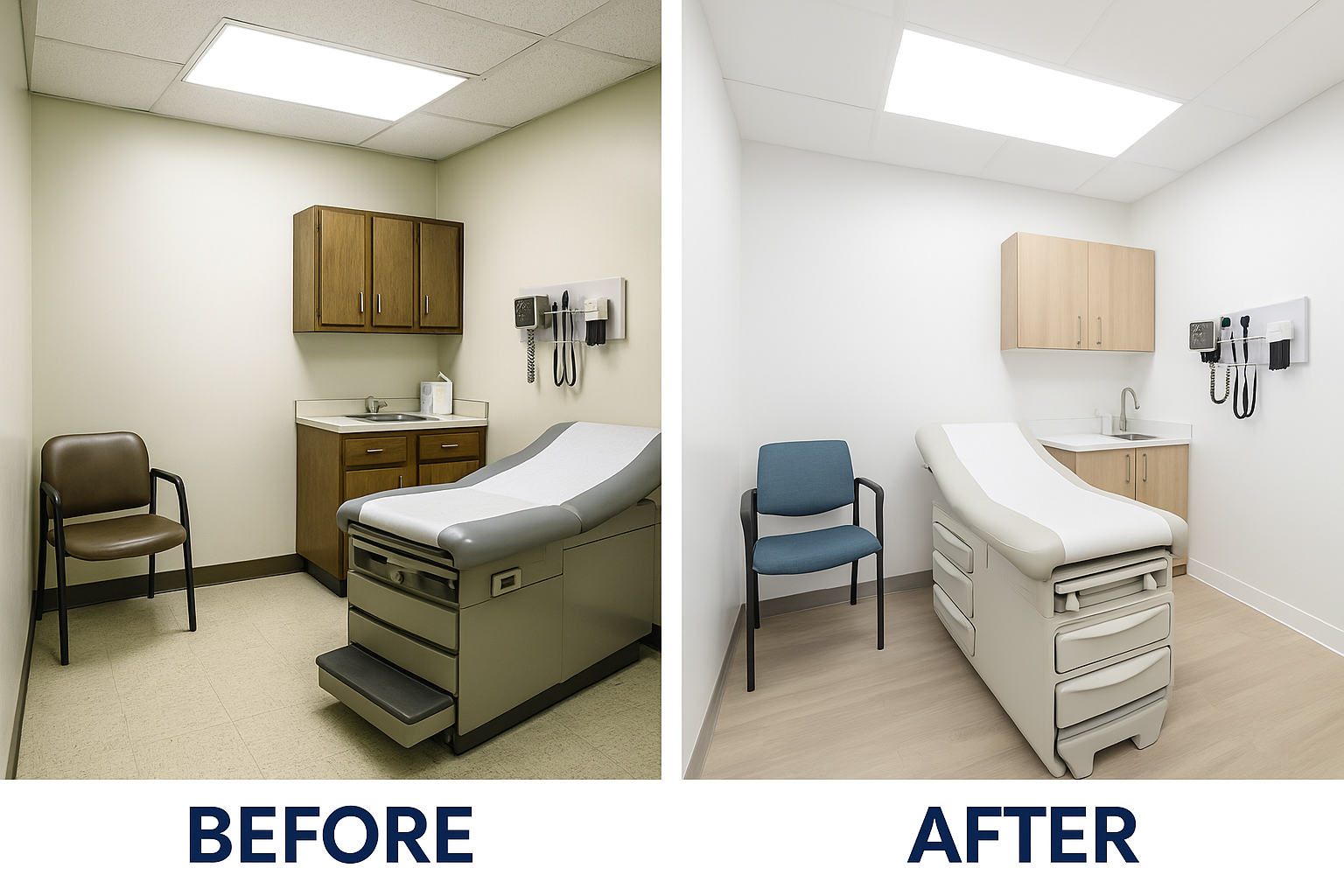 Before and after renovation of a medical exam room showcasing upgraded layout and lighting