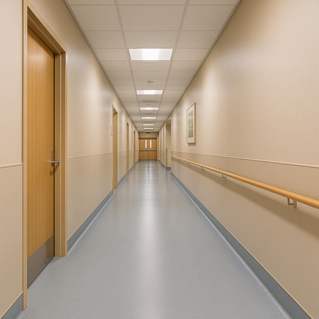 Antimicrobial wall panels installed in a high-traffic healthcare corridor