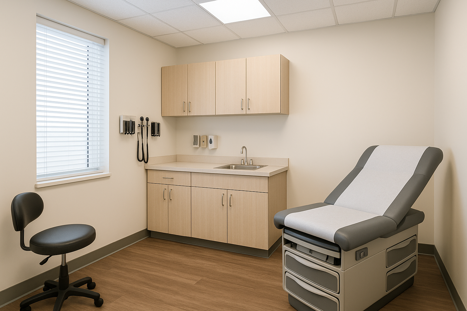 A high-resolution photo of a completed GP exam room featuring clean lines, medical-grade furnishings, and a welcoming atmosphere